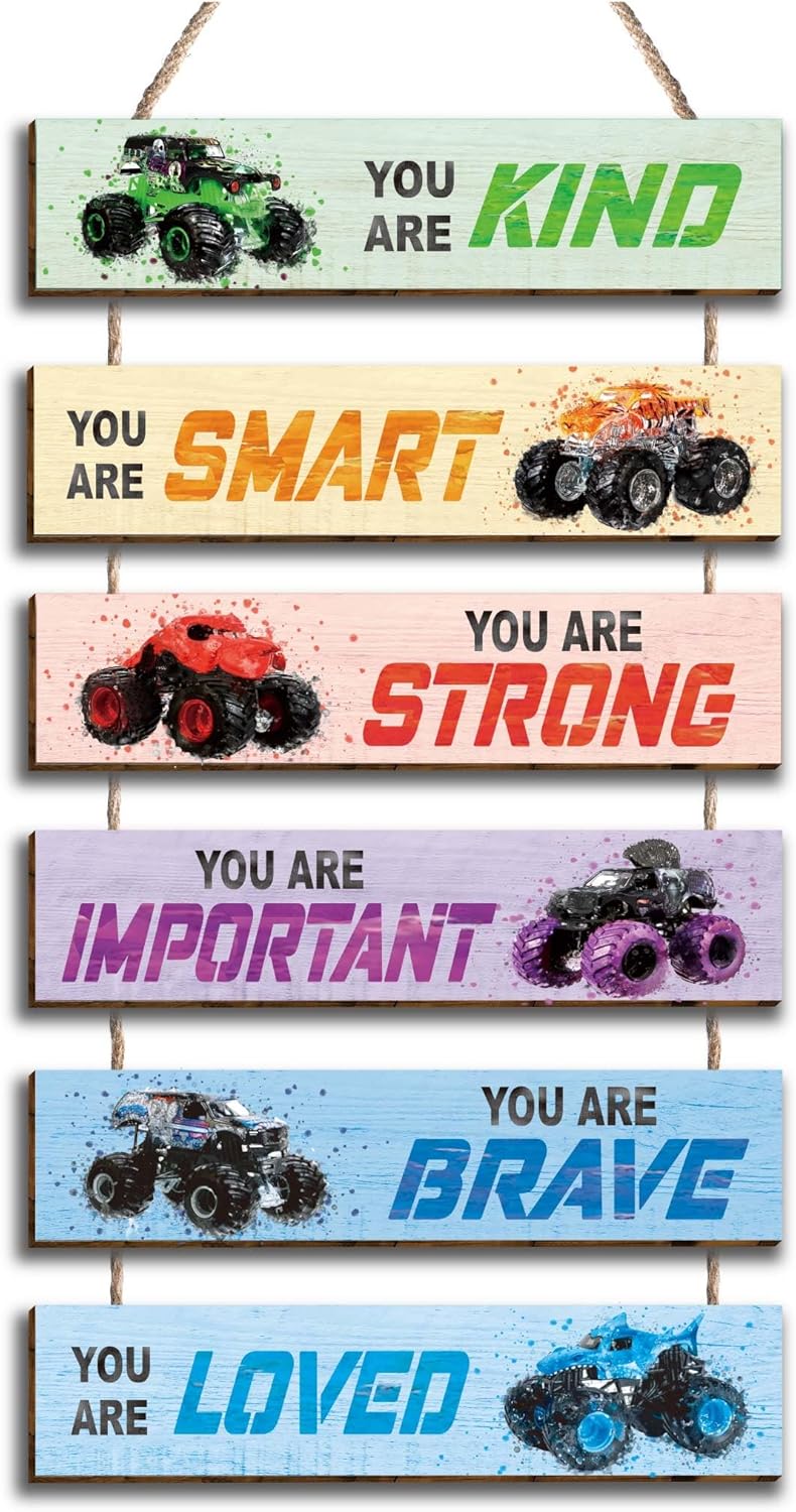 HIWERAN 6 Pcs Racing Car Decor Kids Room Decor, Racing Car Inspirational Positive Quotes Wall Art Decor Hanging Sign for Teens Bedroom, Works of Art Made of Wood, Works of Art of Wood, Placards of Woods - Image 1